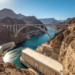 Mike O'Callaghan-Pat Tillman Memorial Bridge over Lake Mead near Hoover Dam. Panoramic view from elevated angle showcasing concrete structure, blue-green water, and rugged cliffs. Clear blue sky.