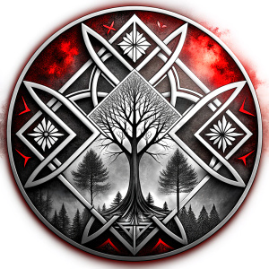 vegvisir geometric symbols - ragnar and trees - tattoo design - perfect realistic art - high-definition - grey and black - white background 