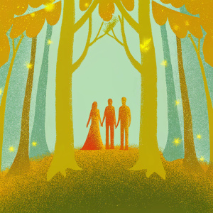 Lulu Antariksa, Colin O'Donoghue, and Mimi Rogers in an enchanted forest. Fantasy setting with magical creatures and glowing lights.