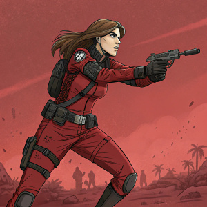 Shana O'Hara, G.I. Joe character, in action stance. Red battlefield backdrop