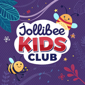 Eye-catching logo for Jollibee Kids Club. Bright colors and playful shapes surround the text 'Jollibee Kids Club' in a fun font. Rich purple background with blue, red and other vibrant hues.