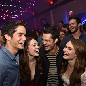 Tyler Posey, Dylan O'Brien, Crystal Reed, Tyler Hoechlin, Colton Haynes, and Holland Roden, young stars of Teen Wolf, at a bustling after party.