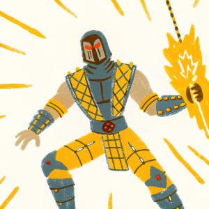 A detailed 3D render of Scorpion from Mortal Kombat 11, standing in an intense fighting pose. His iconic armor-like attire is intricately designed, perfectly encapsulating the Mortal Kombat universe aesthetic.