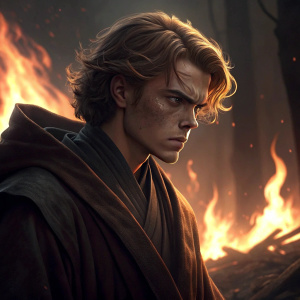 Anakin Skywalker in a tense scene. Fiery background, intense look.