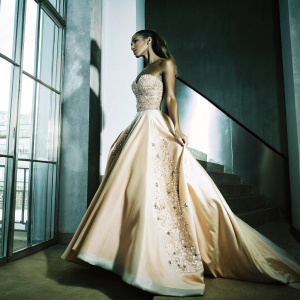 Jasmine Tookes at a star-studded gala, in a stunning, strapless gown featuring exquisite beading and a lavish train. The backdrop showcases a sleek, modern design.