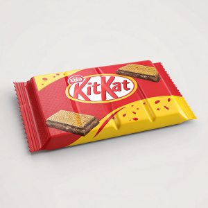 Modern packaging for KitKat chocolate bar. Bright red and yellow colors with cookie crumb textures. Prominent KitKat logo, designed for easy recognition and eye-catching appeal.