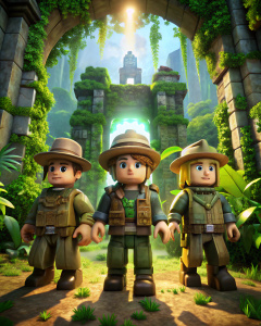 Create cartoon-style images of three Roblox characters with their signature blocky, square-shaped design, each dressed in explorer outfits with shades of green and brown. The scene should take place in a lush jungle setting, with towering trees, vines, and ancient ruins in the background. Focus on a side view of a mystical stone archway portal, covered in glowing runes and vines. One character is actively passing through the portal, while the other two are pulling them back, creating a tense and
