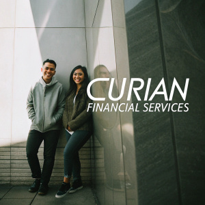 Promotional image for Curian Financial Services. A couple posing happily against a sleek, modern backdrop. Detailed text overlay on the right.