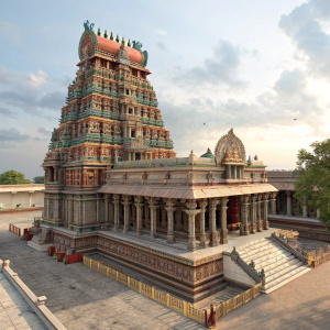 Digital 3D model of Truchendur Murugan Temple. Detailed architecture and vibrant colors. Located in Tamil Nadu, India.
