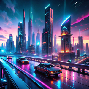 mage Prompt: A futuristic cityscape illuminated by neon lights, with sleek, autonomous vehicles gliding through the streets. Caption: "AI Revolutionizing Urban Living: Smart Cities of Tomorrow."