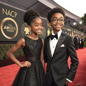 Marsai Martin and Miles Brown, dressed in formal attire, posing confidently on the red carpet of the NAACP Image Awards.