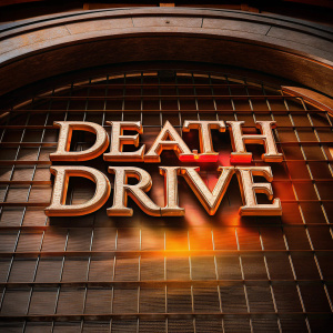 GOLDEN 'DEATH DRIVE' LOGO. Dramatic font, sleek black backdrop, textured metallic sheen, digital illustration.