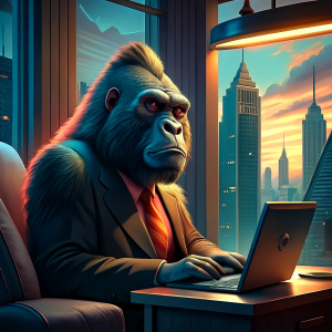 gorilla working on a laptop in an office