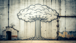 Minimalist Wall, perfect lines, Atomic bomb explosion, graffiti in the style of street art aesthetic, cute cartoonish designs