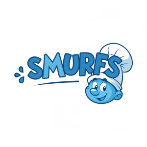 Cartoony logo for Smurfs. Blue font, playful icon. Simple, friendly design.