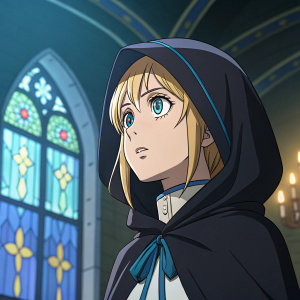 Digital art of Sister Iris from Fire Force anime. Blonde hair, blue accents, dark cloak. Resolute look against glowing stained glass backdrop.
