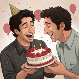 Cartoon Ross Geller and actor David Schwimmer sharing a cake with roses. Illustration style, funny facial expressions, celebration theme.