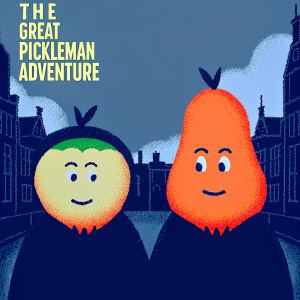 Movie poster for 'The Great Pickleman Adventure' featuring the mischievous green-headed hero and the wise angular-faced sidekick. They stand in a whimsical, bustling cartoon cityscape, rendered in vivid, playful cartoon art.