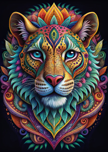 Dibujo de cabeza de cheetah estilo zentangle muy colorido, diseño impactante y dinámico, simétrico, centrado, trenzas, adornos, fondo negro.