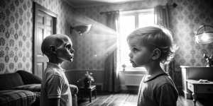 ultra resolution, Children contact with alien in the flat of a Soviet family in the 60s, fantactic lights, halo, glow, soft diffuse light, haze, dof, old lomo lens, vignete, bw, selfie, style by Alasdair McLellan