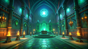 cartoon medieval royal hall, style of the animated series Arcane, by studio Gibli, green cinematic light, nft,