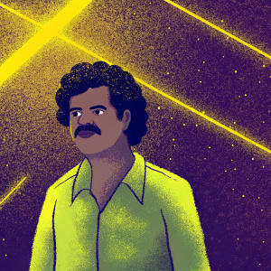 Cartoon version of Pablo Escobar in vibrant colors. Wearing a green shirt, dark curly hair, mustache. Set against a bright, digital background.