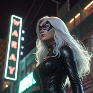 High-definition 3D rendering of the Black Cat character from Marvel Comics. She is standing against a neon-lit urban backdrop, with her iconic long white hair flowing. Close-up view highlighting her black mask and distinctive features.
