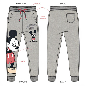 Digital illustration showcasing grey sweatpants featuring a detailed Mickey Mouse design. The front and back views are clearly labeled. Description area provided on the side, presented in a flat graphic design style inspired by Disney.