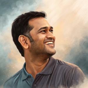 Digital portrait of MS Dhoni. Soft, dreamy background. Warm lighting highlights his smile, framed by dark hair. Gentle brushstrokes add to the ethereal feel.
