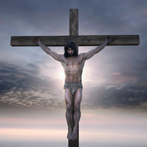 Realistic digital art of a muscular man in crucifixion pose, with dark hair and a serious expression. The scene is set against a dark, mysterious background.