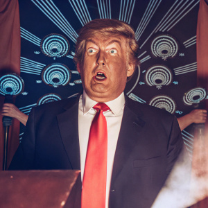 Caricature of Donald Trump. Dark background with swirling symbols and figures around him, bold lines and vibrant colors