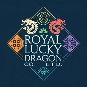 Royal Lucky Dragon Co. Ltd. logo design. Vibrant color palette. Geometric shapes.
