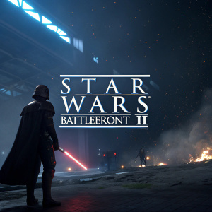 Screenshot from Star Wars Battlefront II, featuring the game logo prominently. Dark background