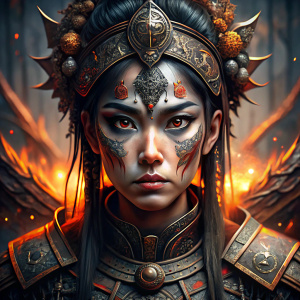 Most famous and fearsome warrior of the Fire Shield Maidens, Around her eyes are big painted black, depicted in ornate battle attire, fully dressed for combat, adorned with intricate patterns and symbols that radiate power and ferocious strength. Her facial expression is intense and commanding, evoking respect and fear. The background subtly highlights elements of her cultural heritage, with ancient motifs and lush jungle foliage. Full body image of her.