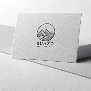 Business card for Suazo Art Gallery. Modern, sleek design with logo. Monochromatic color scheme. Neutral background.