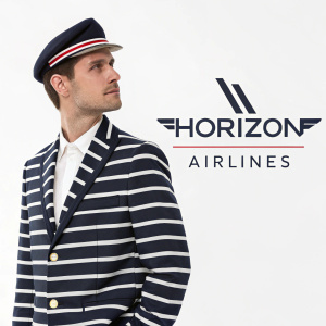 Horizon Airlines rebrands with sleek, minimalist logo. Uniform striped pattern across all documents. Professional design, consistent colors, and fonts. Used for promotional materials.