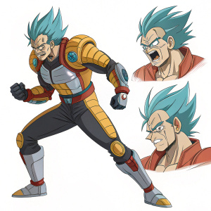 Franky from Dragon Ball Z, in various dynamic poses, showcasing his unique cybernetic appearance. Diverse angles highlighting his expressive face and custom suit.