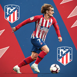 Antoine Griezmann in a dynamic action shot, wearing his Atletico Madrid jersey. Surrounded by graphic elements and endorsements. Bold colors and soccer ball in the background.