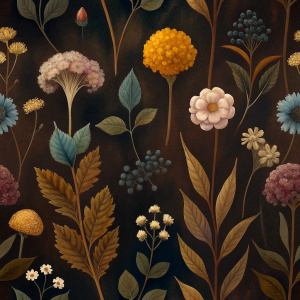 DARK BROWN  background botanic  , watercolor VINTAGE 
 image with dark brown   background , brown  VIBURNUM  , TUMERIC CRASPEDIA ,ASTRANTIA ,hollyhock ,CORTADERIA ,BRASSICA,DAUCUS ,snapdragon,ERYNGIUM, achillea   ,SCABIOSA,STONE LATHYRUS,  achillea, physalis , watercolor, dark brown  background FOR WRAPPING PAPER RENAISSANCE