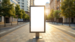 Mockup. Vertical advertising stand in the street. Blank white street billboard poster lightbox stand mock with urban city background