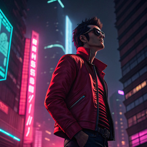 Digital illustration of Travis Touchdown, hero from No More Heroes. Red jacket, confident pose, neon cityscape backdrop