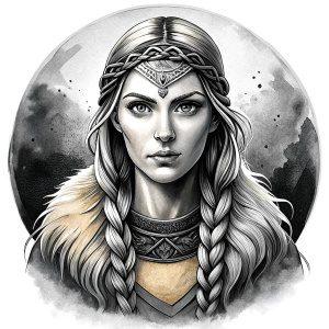 Saga, The Seer - Nordic Goddess of Sagas & Myths perfect realistic art, high-definition grey and black, white background tattoo design