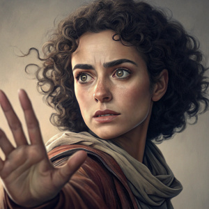 Aline Skaff, intense gaze. Curly dark hair, hand in close-up. Studio setting.