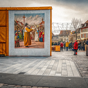 A colorfully vibrant mural by Albrecht Dürer. Pilate stands prominently, washing his hands, amidst a bustling crowd in contemporary attire. They occupy an open-air square with lively decorations and joyful festivities.
