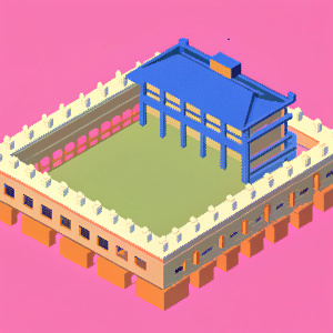 A digital 3D model showcasing a detailed LEGO version of a Titanic-themed building. Using a mix of beige, brown, gray, orange, and white bricks, the structure features multiple levels, a central open space, flat roof, and intricate barriers and fences.