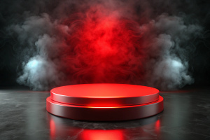 Red light round podium and black smoky background for mock up