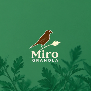 Logo for 'Miro Granola', showcasing a sleek, brown bird icon. Minimalist design with sans-serif font, set against a vibrant green backdrop.