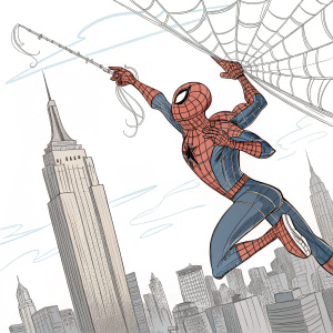 Drawing of Spider-Man swinging through New York City. Thick, strong web lines resembling nets. Dynamic pose, background shows skyline.