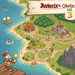 Screenshot from Asterix & Obelix XXL 3. The map is detailed and hand-drawn, showcasing various locations and landmarks. A sidebar highlights player progress, active quests, and camp status. The game's art style is cartoonish and vibrant.