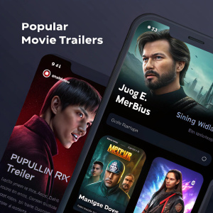 A user interface for a movie trailer app. Dark background with highlights on popular trailers. Characters from 'Jung-E,' 'Morbius,' and 'Mission Majnu' featured.